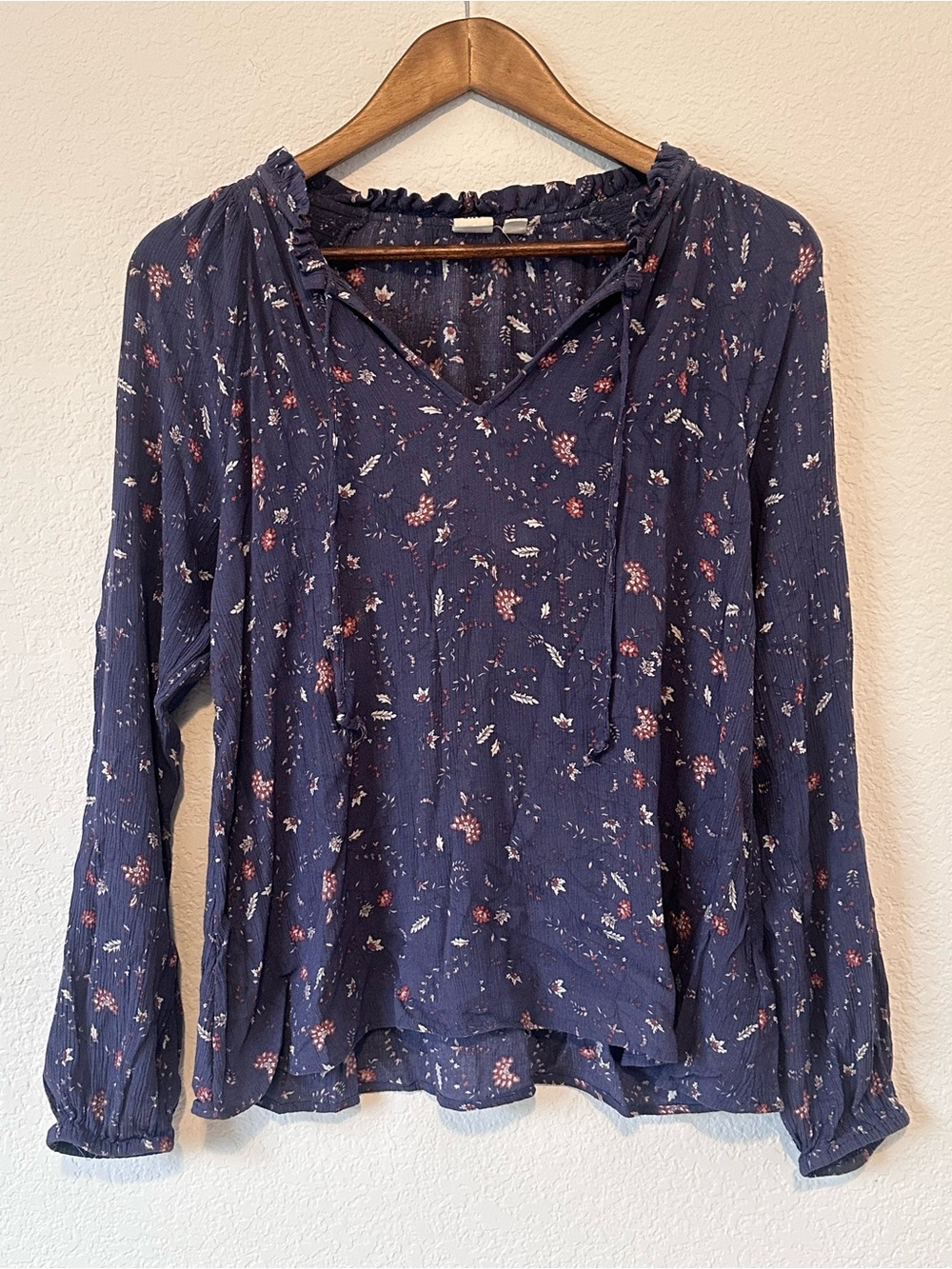 GAP Navy Floral Tie-Neck Ruffle Blouse